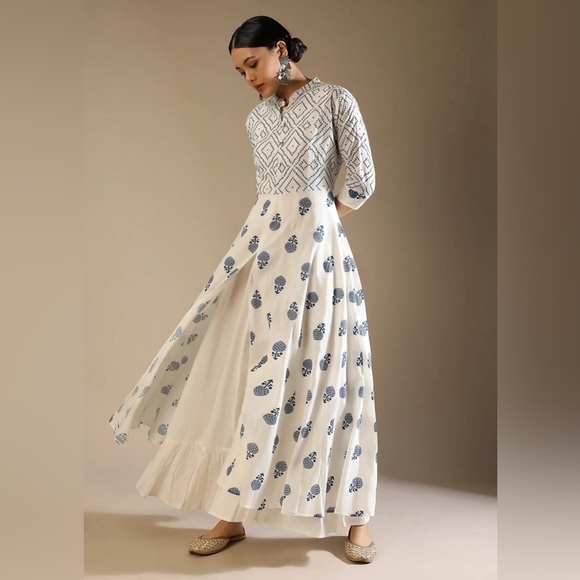 Kalki Fashion Dresses & Skirts - NEW Kalki Front Slit Kurta White Blue Cotton Geometric Size 2? NWOT